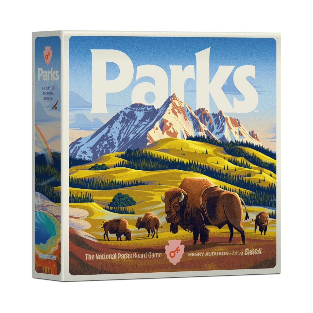 The Parks 2nd Edition board game box showing a vibrant illustration of a National Park landscape, with the new game board, wooden resources, and all-new park cards displayed.
