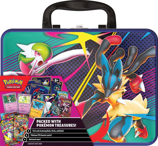 Pokémon TCG Collector Chest December 2025 – metal chest with booster packs, foil promo cards, coin, stickers, and mini portfolio