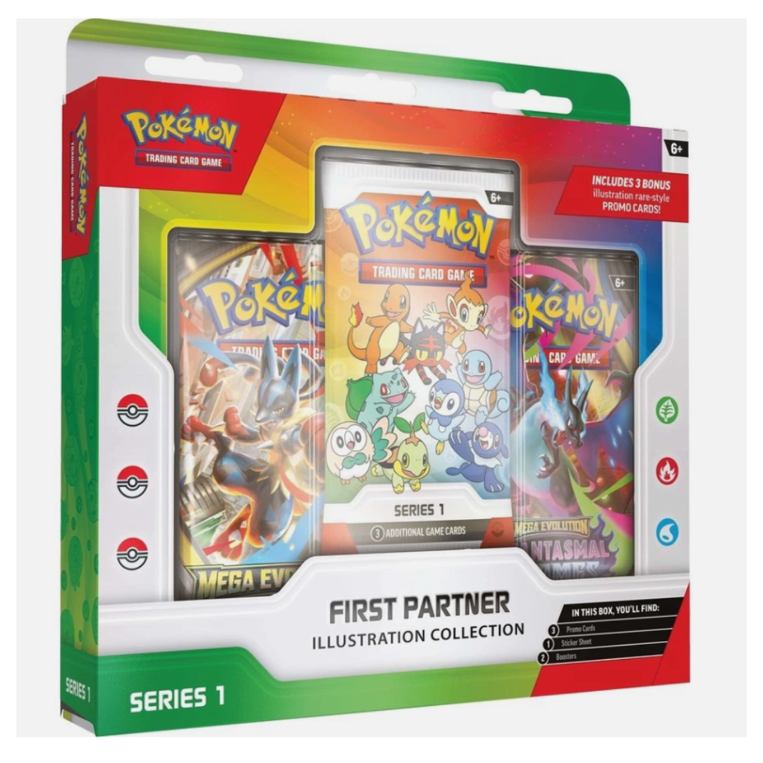 The front of the Pokémon TCG First Partner Illustration Collection Series 1 box showcasing Bulbasaur, Charmander, and Squirtle in full-art illustration styles.