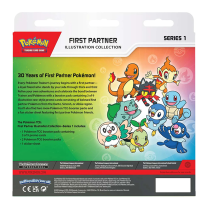 The front of the Pokémon TCG First Partner Illustration Collection Series 1 box showcasing Bulbasaur, Charmander, and Squirtle in full-art illustration styles.