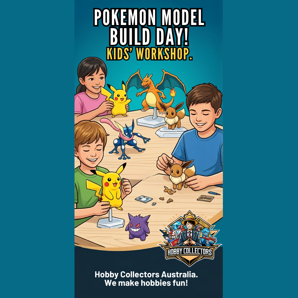 Kids building Bandai Pokémon model kits at Hobby Collectors Australia school holiday event