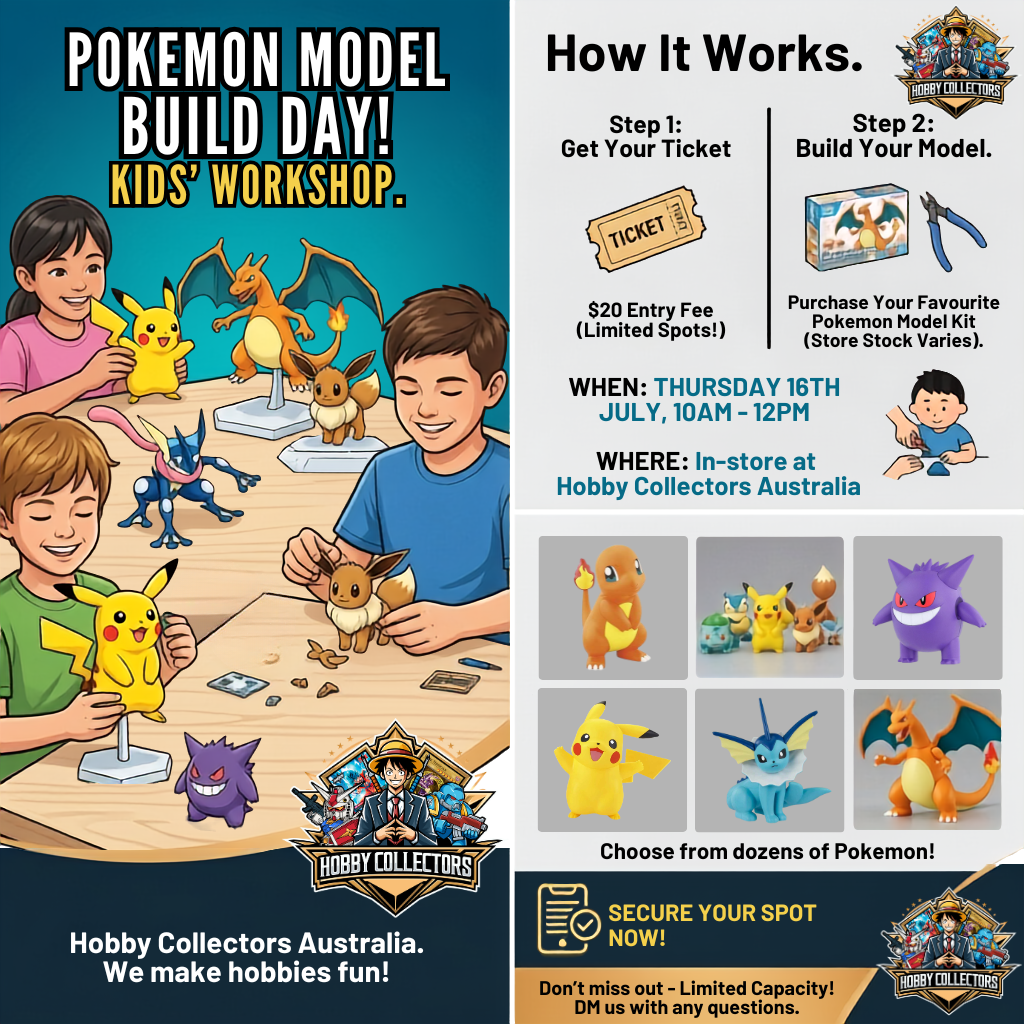 Kids building Bandai Pokémon model kits at Hobby Collectors Australia school holiday event