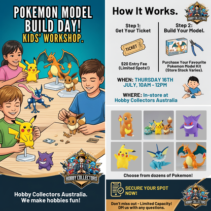 Kids building Bandai Pokémon model kits at Hobby Collectors Australia school holiday event