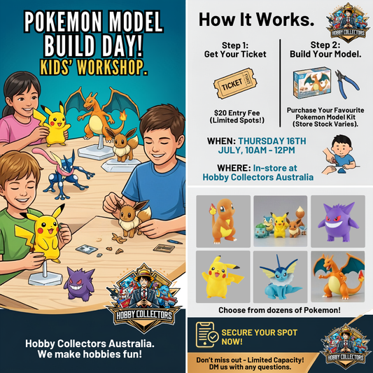 Kids building Bandai Pokémon model kits at Hobby Collectors Australia school holiday event