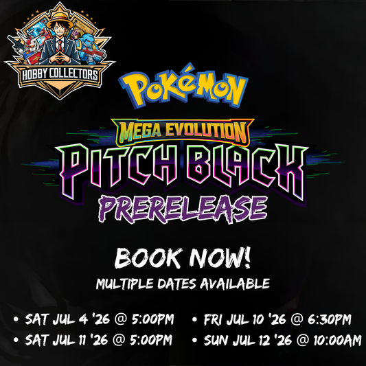 Pokémon TCG Mega Evolution Pitch Black Prerelease event at Hobby Collectors Australia — four sessions across 4–12 July 2026, $55 entry, includes Build & Battle Box and 3 bonus packs