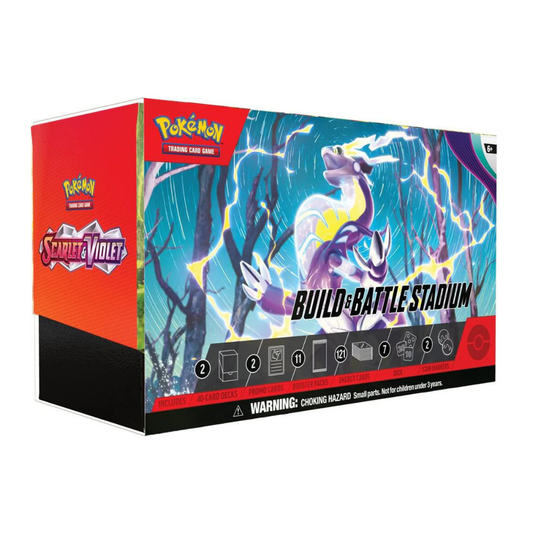 The Pokémon TCG: Scarlet & Violet Build & Battle Stadium box showing the two internal Build & Battle boxes, booster packs, and gameplay accessories.