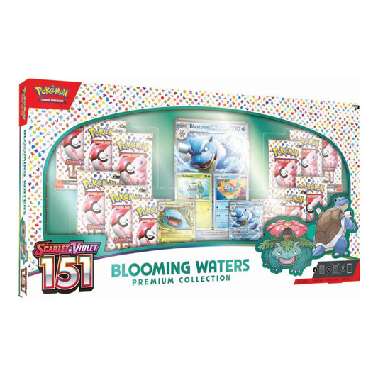 Pokémon TCG Blooming Waters Premium Collection featuring Water-type promo cards, oversized card, and booster packs