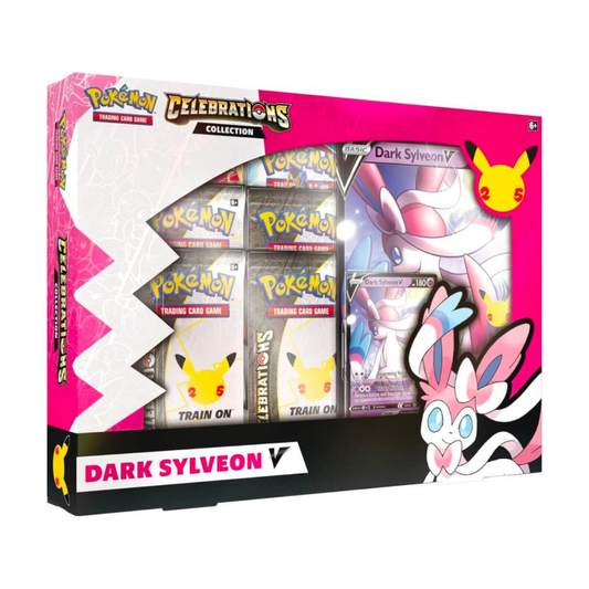 Pokémon Celebrations Collection Dark Sylveon V box packaging featuring 25th-anniversary branding and Dark Sylveon V foil promo card.