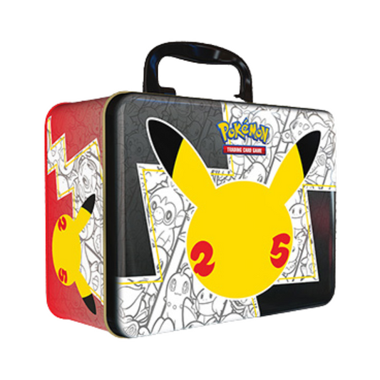 Pokémon TCG: Celebrations Collector Chest showcasing metal case, foil promo cards, booster packs, and collectible accessories.
