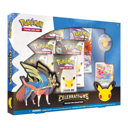 Pokémon Celebrations Deluxe Pin Collection 25th Anniversary box featuring the Surfing Pikachu pin and Zacian LV.X promo card.