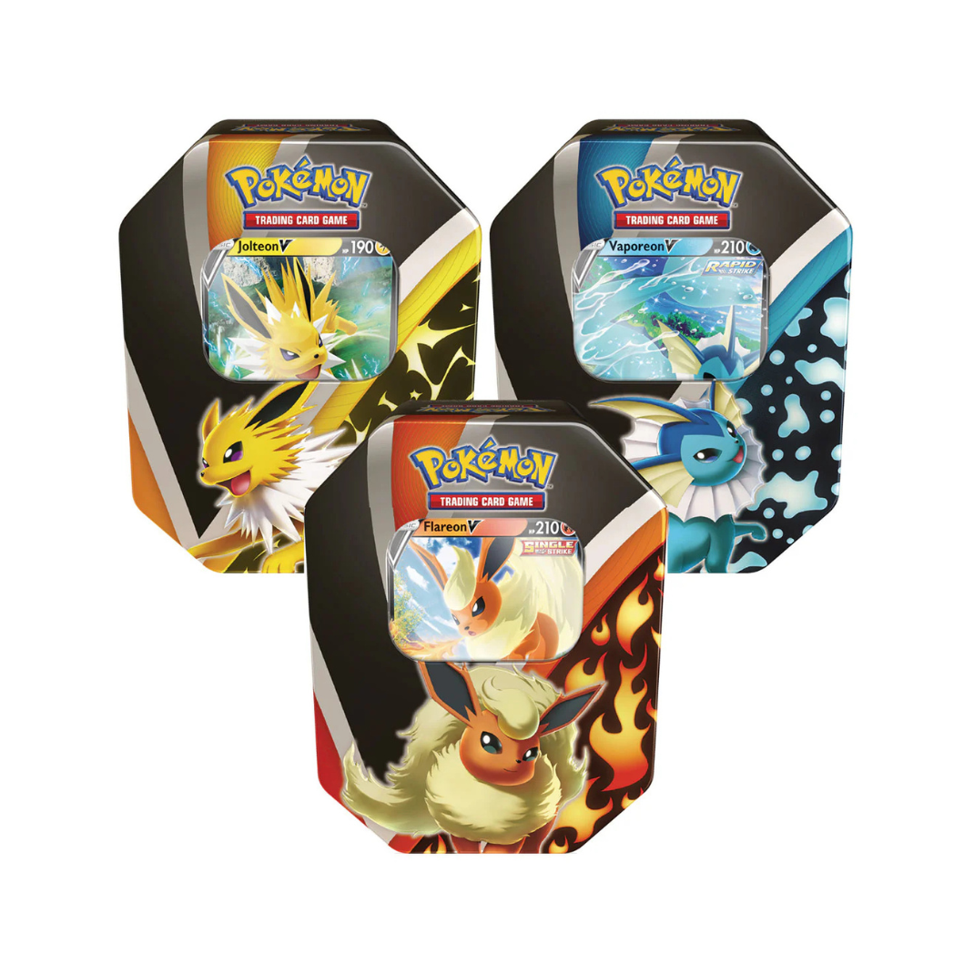 Pokémon TCG Eevee Evolutions Tin with exclusive Vaporeon V Jolteon V Flareon V Black Star Promo foil card and 4 booster packs sealed - Hobby Collectors Australia