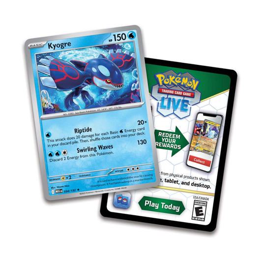 Pokémon trading card featuring Kyogre with a promotional card for 'Pokémon Trading Card Game: Live'.