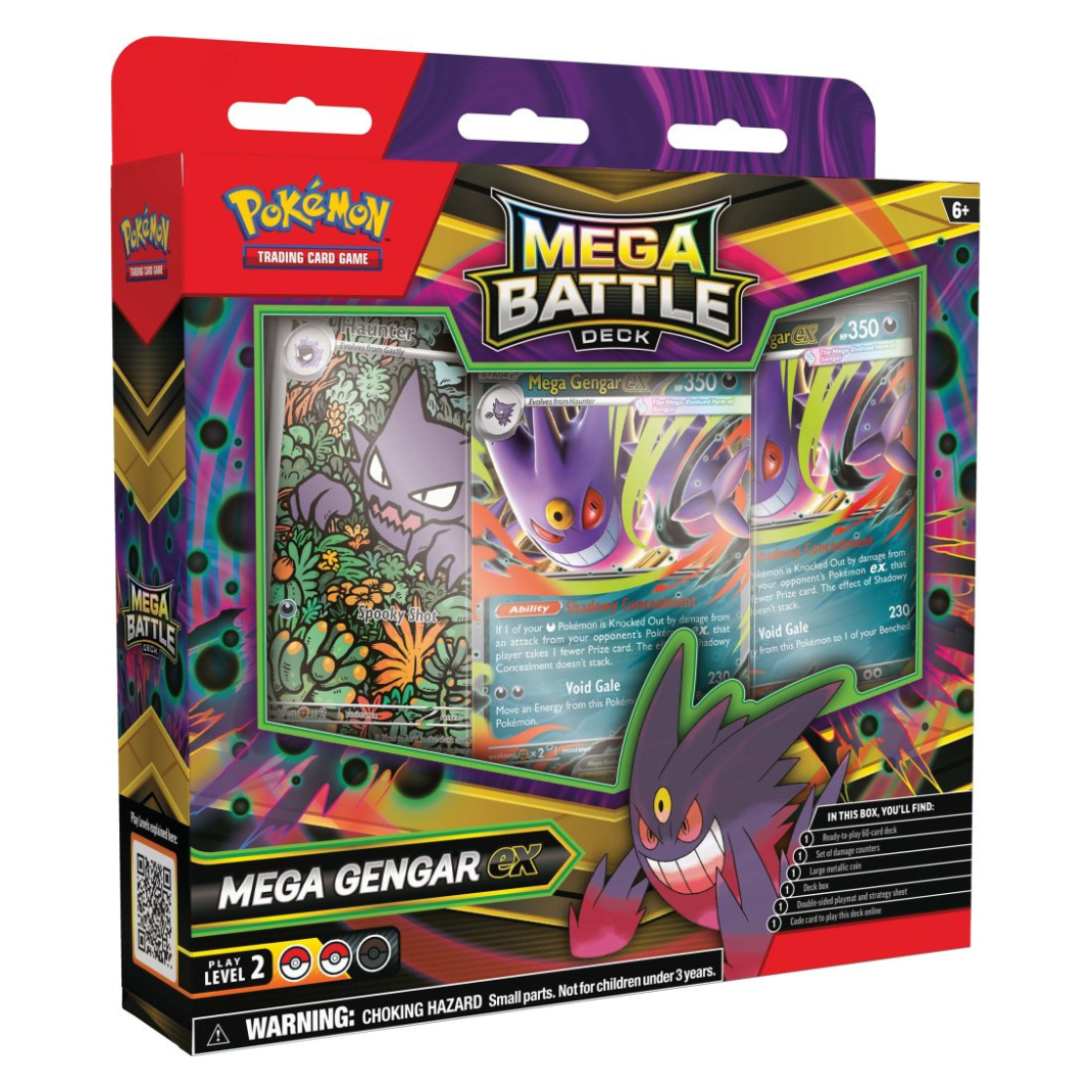 Pokémon TCG Mega Battle Deck featuring Mega Gengar ex and Mega Diancie ex decks with foil promo cards