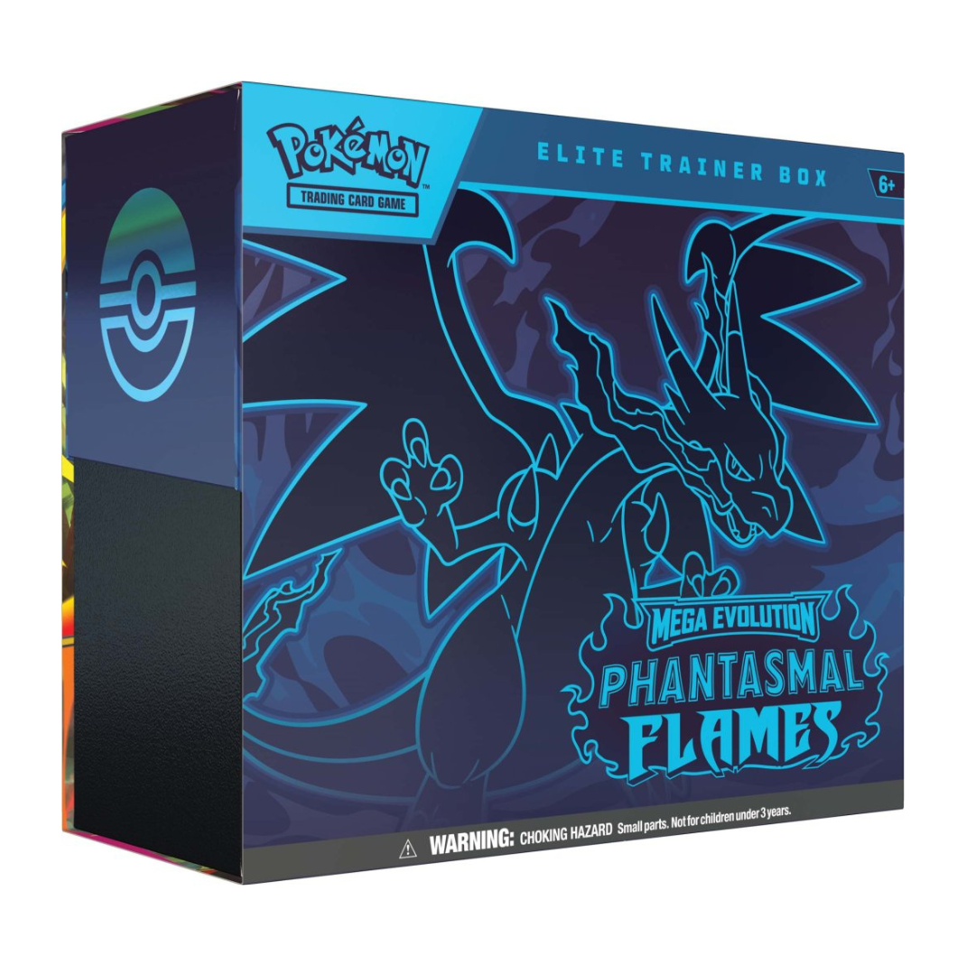 Pokémon TCG: Mega Evolution – Phantasmal Flames Elite Trainer Box showing booster packs, card sleeves, dice, and collector’s coin