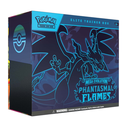 Pokémon TCG: Mega Evolution – Phantasmal Flames Elite Trainer Box showing booster packs, card sleeves, dice, and collector’s coin