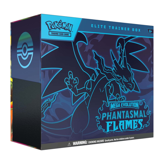 Pokémon TCG: Mega Evolution – Phantasmal Flames Elite Trainer Box showing booster packs, card sleeves, dice, and collector’s coin