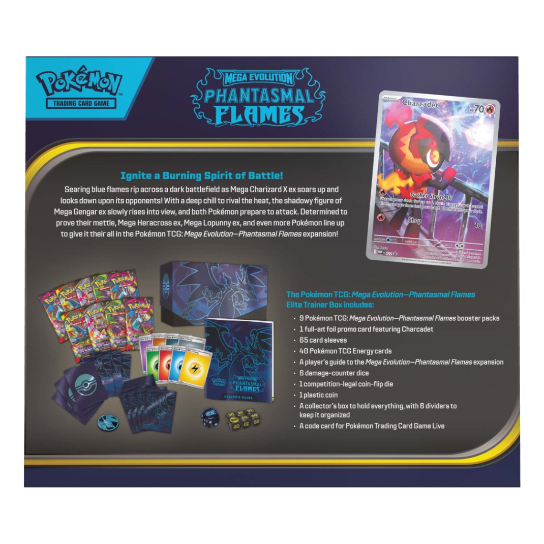 Pokémon TCG: Mega Evolution – Phantasmal Flames Elite Trainer Box showing booster packs, card sleeves, dice, and collector’s coin