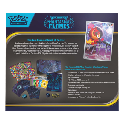 Pokémon TCG: Mega Evolution – Phantasmal Flames Elite Trainer Box showing booster packs, card sleeves, dice, and collector’s coin
