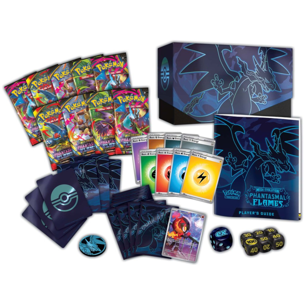 Pokémon TCG: Mega Evolution – Phantasmal Flames Elite Trainer Box showing booster packs, card sleeves, dice, and collector’s coin