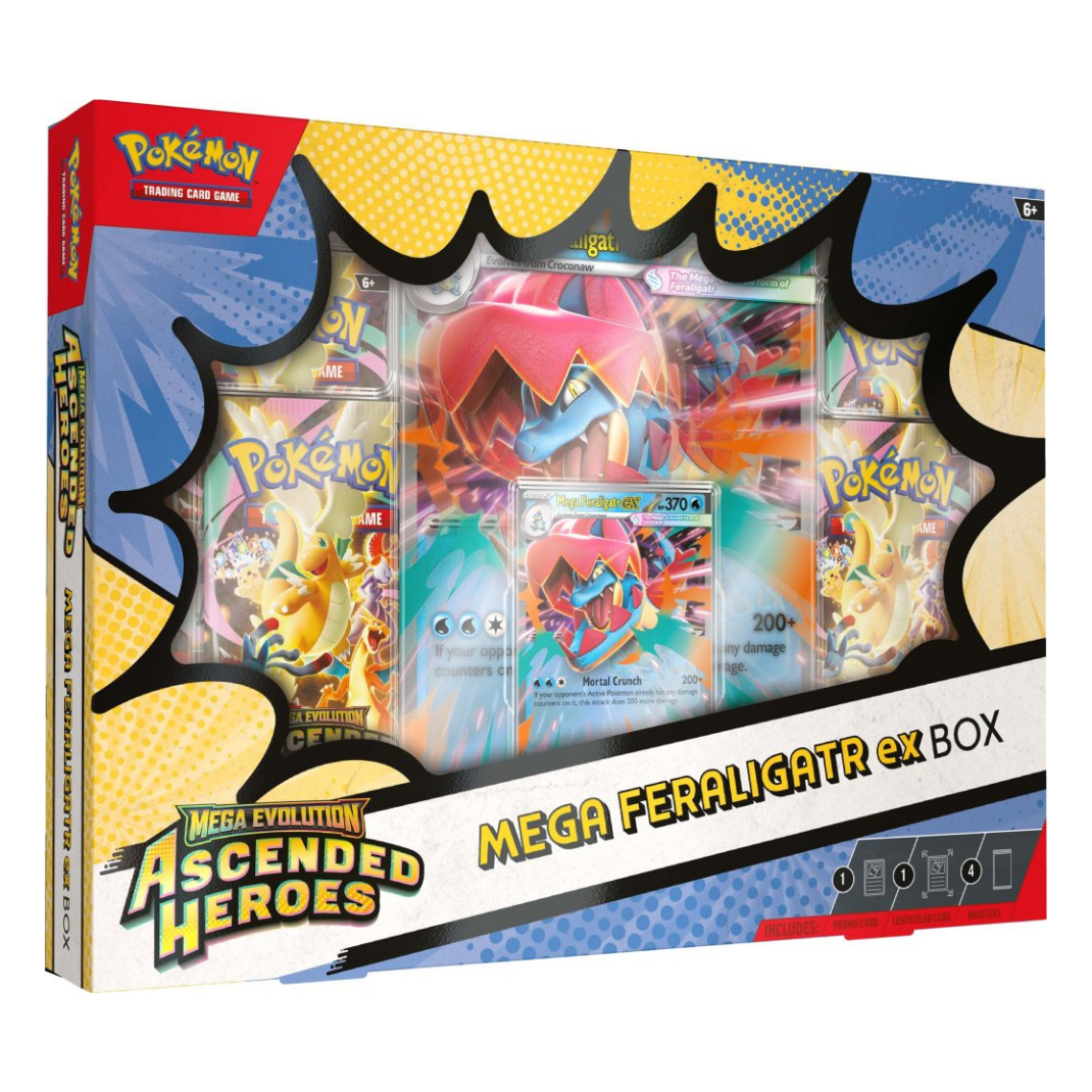 Pokémon TCG Mega Evolution Ascended Heroes ex Box featuring Mega Meganium, Mega Emboar, and Mega Feraligatr promotional packaging.