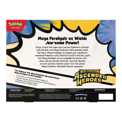 Pokémon TCG Mega Evolution Ascended Heroes ex Box featuring Mega Meganium, Mega Emboar, and Mega Feraligatr promotional packaging.