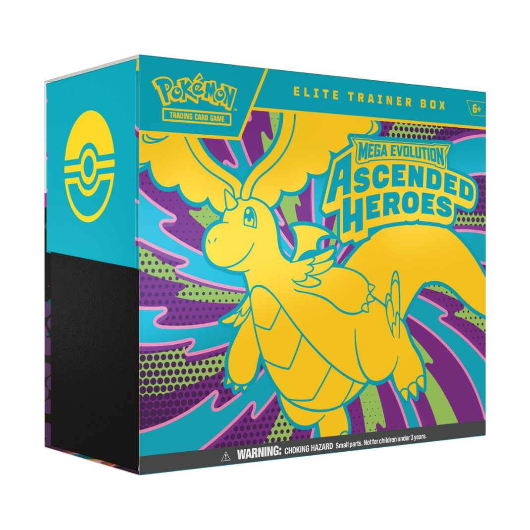 Front view of the Pokémon TCG Mega Evolution—Ascended Heroes Elite Trainer Box featuring Mega Dragonite artwork and the official expansion logo.