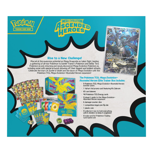 Front view of the Pokémon TCG Mega Evolution—Ascended Heroes Elite Trainer Box featuring Mega Dragonite artwork and the official expansion logo.
