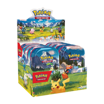 A stack of five different Pokémon TCG Mega Evolution—Ascended Heroes Mini Tins featuring Pikachu, Clefairy, Riolu, Togepi, and Zorua artwork.