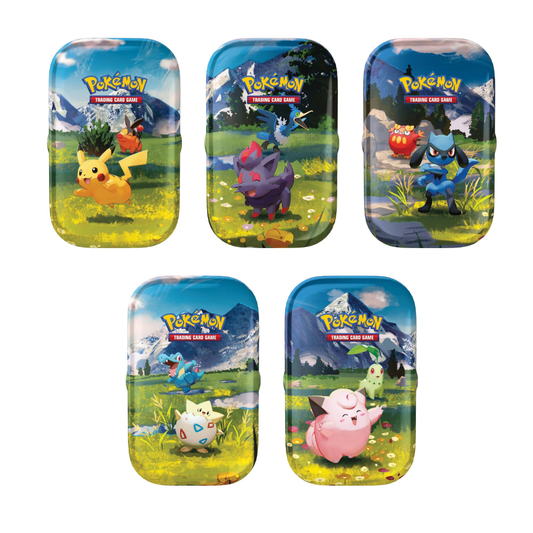 A stack of five different Pokémon TCG Mega Evolution—Ascended Heroes Mini Tins featuring Pikachu, Clefairy, Riolu, Togepi, and Zorua artwork.