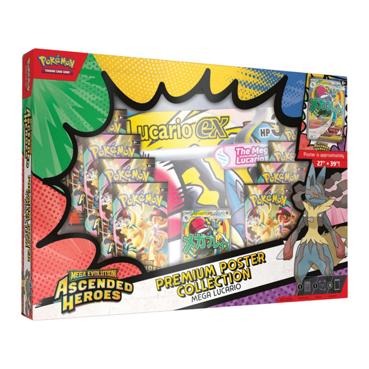 The massive Pokémon TCG Mega Evolution: Ascended Heroes Premium Poster Collection box for Mega Lucario, featuring 10 booster packs, the promo card, and a rolled double-sided poster.
