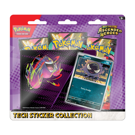 The Pokémon TCG: Mega Evolution—Ascended Heroes Tech Sticker Collection box showing the Charmander and Gastly promo cards alongside three booster packs.