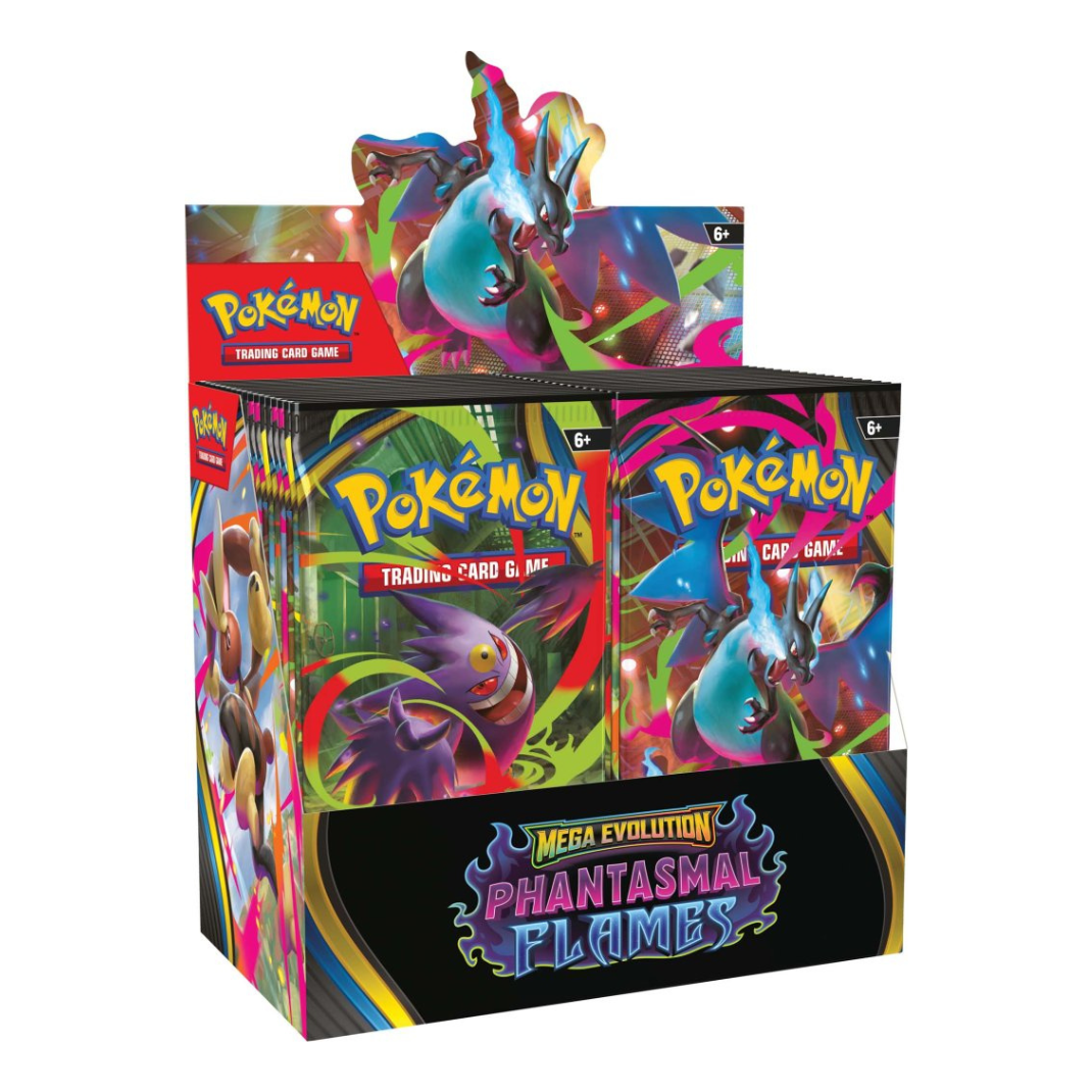 Pokémon TCG: Mega Evolution – Phantasmal Flames Booster Box featuring Mega Gengar and ghostly flame artwork