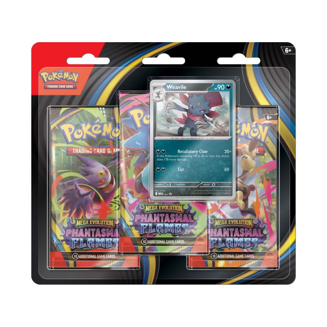 Pokémon TCG: Mega Evolution – Phantasmal Flames Three Booster Blister featuring booster packs, promo card.