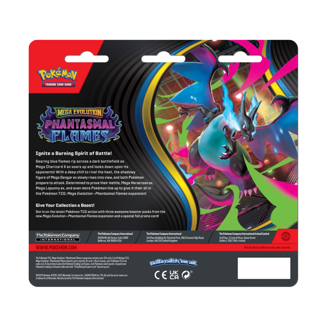 Pokémon TCG: Mega Evolution – Phantasmal Flames Three Booster Blister featuring booster packs, promo card.