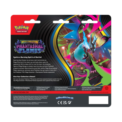 Pokémon TCG: Mega Evolution – Phantasmal Flames Three Booster Blister featuring booster packs, promo card.