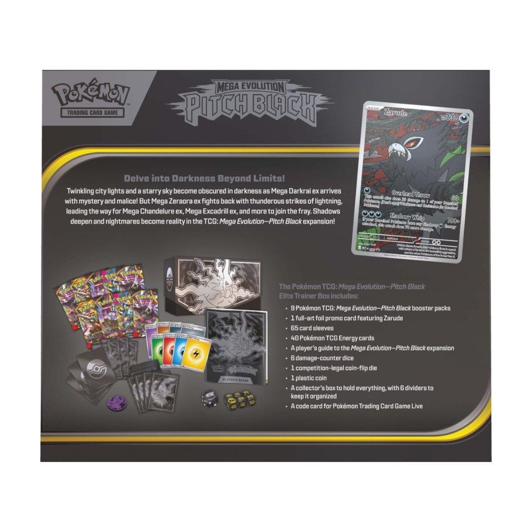 Pokemon TCG Mega Evolution Pitch Black ME05 Elite Trainer Box nine packs Zarude foil promo card 65 sleeves collector box sealed English pre-order