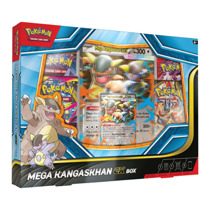 Pokémon TCG Mega Kangaskhan ex Box showing foil promo card, lenticular oversize promo, and booster packs