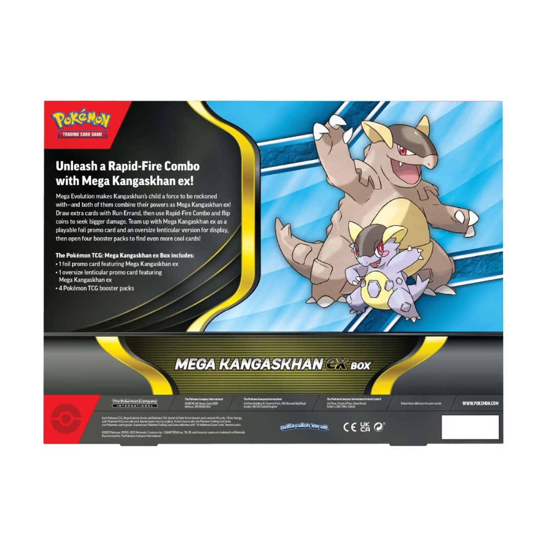Pokémon TCG Mega Kangaskhan ex Box showing foil promo card, lenticular oversize promo, and booster packs
