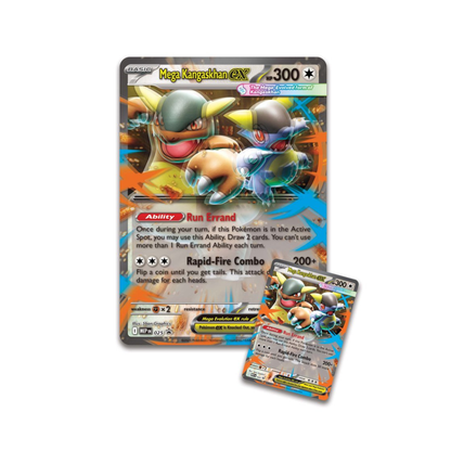 Pokémon TCG Mega Kangaskhan ex Box showing foil promo card, lenticular oversize promo, and booster packs