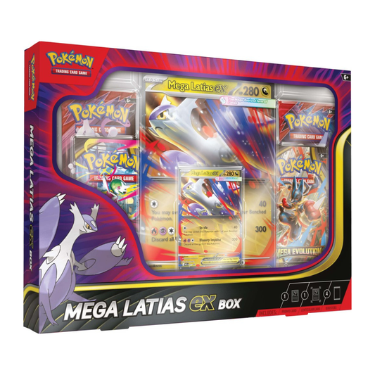 Pokémon TCG Mega Latias ex Box featuring promo card, jumbo card, and Pokémon booster packs