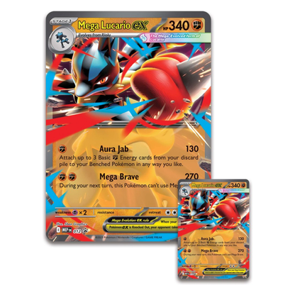 Pokémon TCG: Mega Lucario ex Figure Collection box showing foil promo card, oversize card, Lucario figure, and booster packs