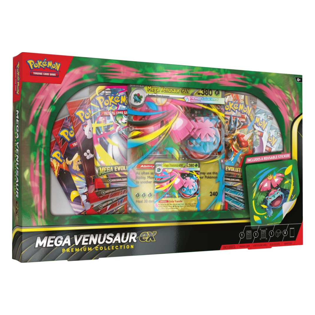 Pokémon TCG Mega Venusaur ex Premium Collection box showing foil promo card, lenticular card, sticker and booster packs