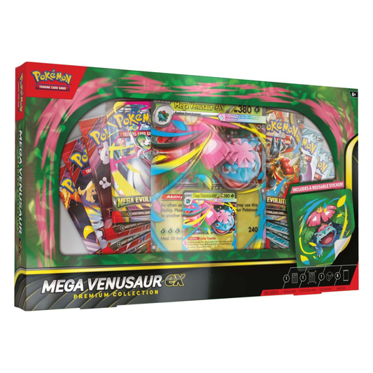 Pokémon TCG Mega Venusaur ex Premium Collection box showing foil promo card, lenticular card, sticker and booster packs