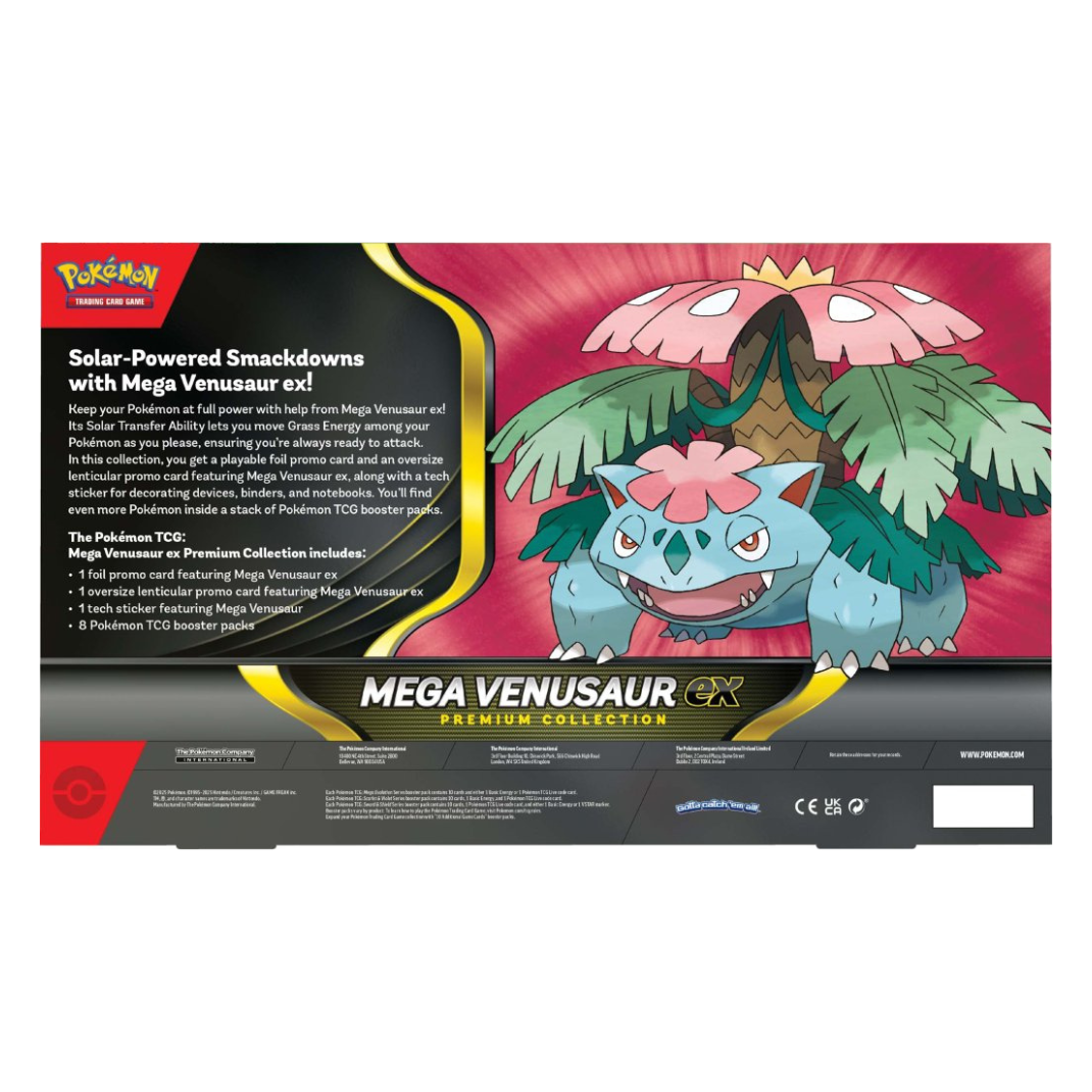 Pokémon TCG Mega Venusaur ex Premium Collection box showing foil promo card, lenticular card, sticker and booster packs