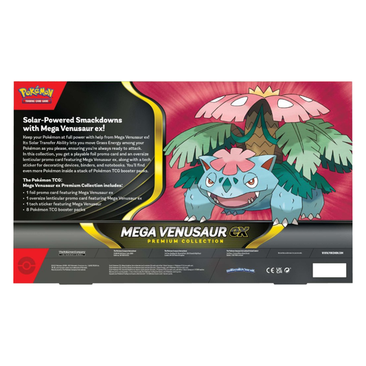 Pokémon TCG Mega Venusaur ex Premium Collection box showing foil promo card, lenticular card, sticker and booster packs
