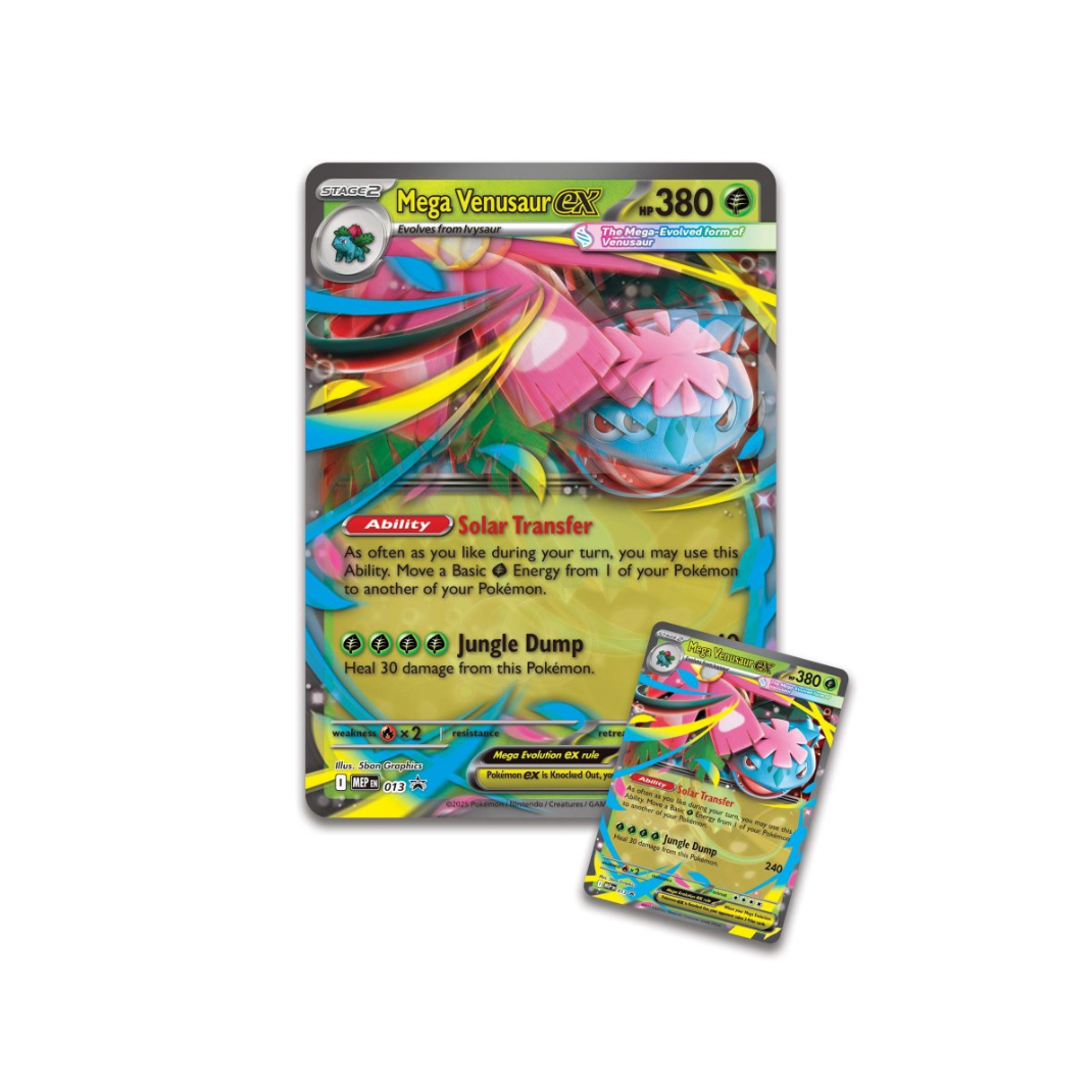 Pokémon TCG Mega Venusaur ex Premium Collection box showing foil promo card, lenticular card, sticker and booster packs