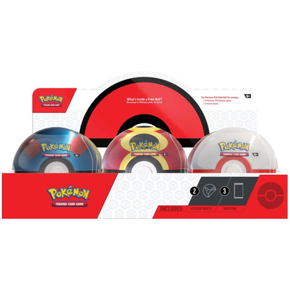 The Pokémon TCG: Poké Ball Tin 2025 edition, a red and white spherical metal tin with 3 booster packs and sticker sheets displayed alongside it.