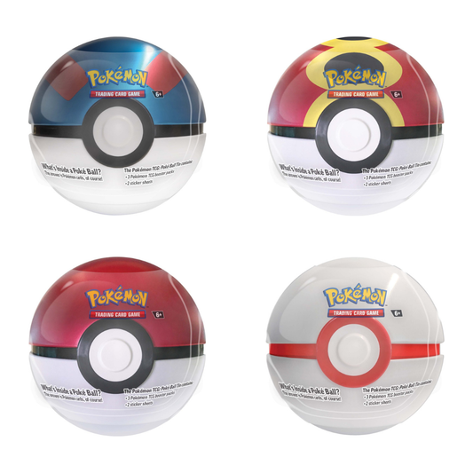 The Pokémon TCG: Poké Ball Tin 2025 edition, a red and white spherical metal tin with 3 booster packs and sticker sheets displayed alongside it.