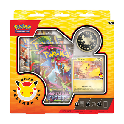The Pokémon TCG: Pokémon Day 2026 Collection box featuring a foil Pikachu promo card with a special anniversary stamp.