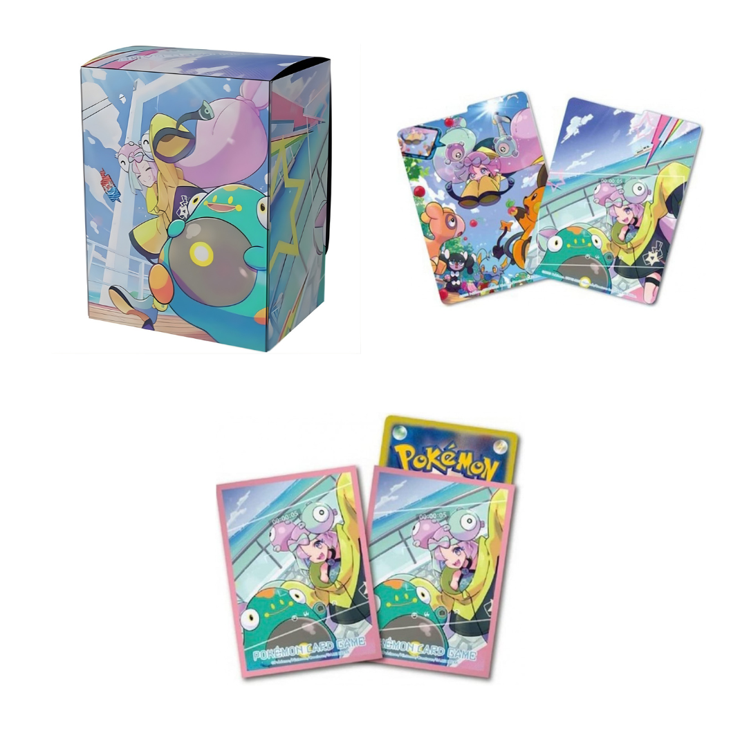 The exterior of the Pokémon Center Gym Set box featuring a snowy mountain landscape and a desert landscape with Iono character artwork on the accessories.